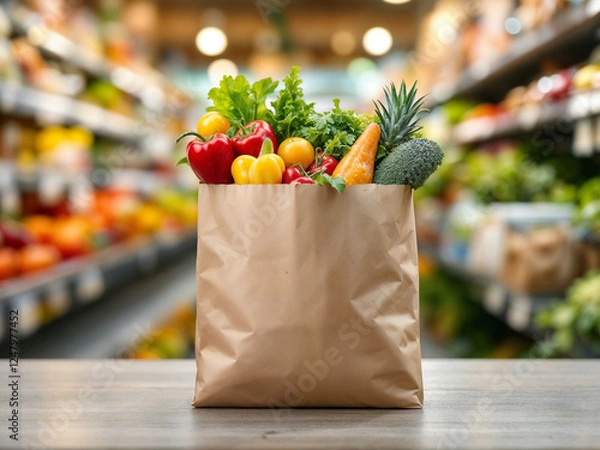 Obraz Groceries fill paper bag displayed on table at supermarket healthy food choices freshness
