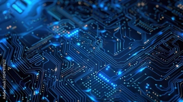 Fototapeta A blue computer chip with many lines and dots