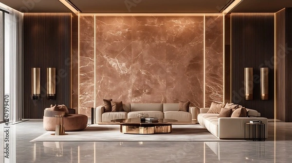 Fototapeta Luxurious Modern Living Room Interior Design with Brown Marble Accent Wall