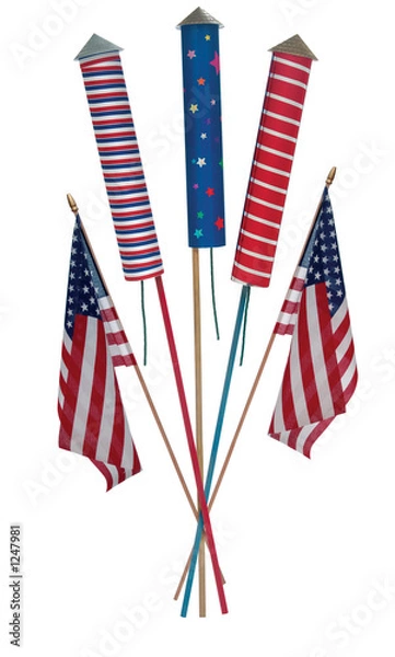 Fototapeta fourth of july skyrockets and us flags