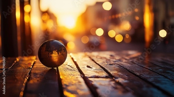 Fototapeta Small globe sits on rustic wooden table at sunset, city bokeh background.
