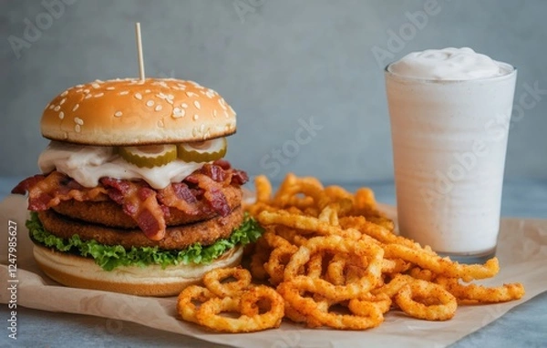 Fototapeta Fast food fries concept. A delicious burger with crispy bacon, fresh lettuce, pickles, and a creamy sauce, served with curly fries and a milkshake.