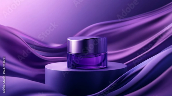 Fototapeta Purple abstract background with cylinder product podium and geometric fluid wave layers elements on wall for promo. Realistic 3d violet bg with showcase pedestal. Goods display platform.