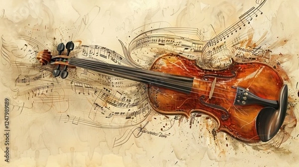 Fototapeta A violin is drawn on a piece of paper with musical notes surrounding it