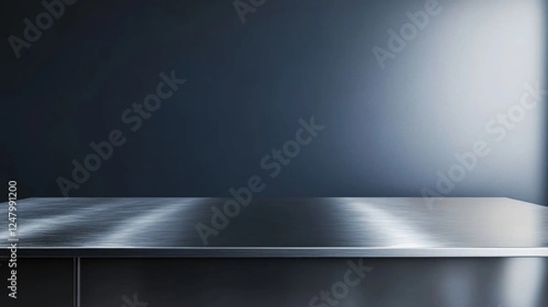 Fototapeta 3d metal kitchen desk surface. Steel limbo counter top background. Clear stainless modern countertop vector render mockup. Dark luxury realistic interior space bg for appliance or food advertising