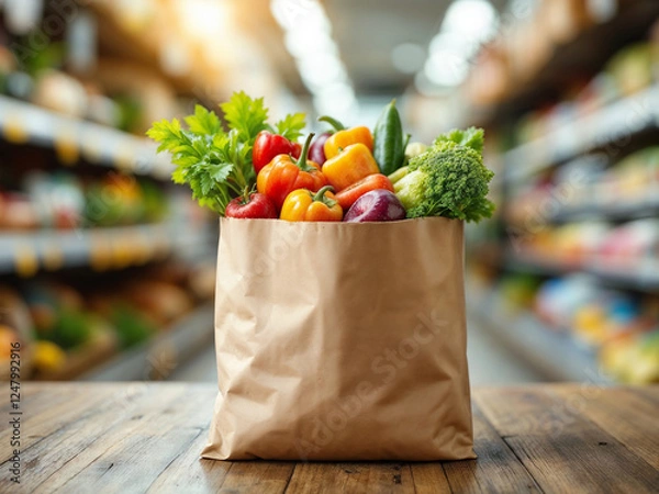 Obraz Groceries fill paper bag sitting on wooden table inside supermarket aisle ready to purchase