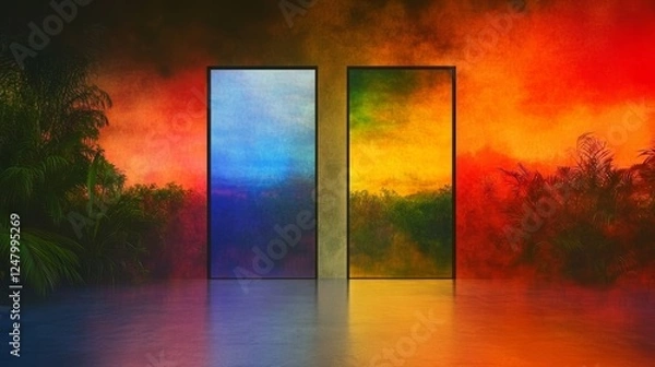 Fototapeta Abstract painting of a surreal jungle at sunset with two framed images one in blue and the other in gold against a colorful tropical backdrop