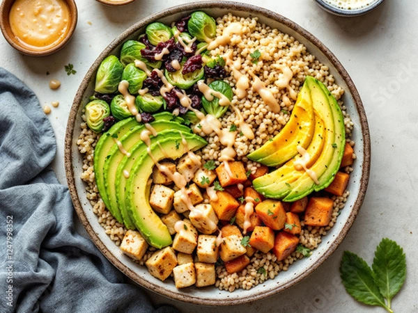 Obraz Healthy grain bowl displays avocado tofu and sprouts with dressing in a modern kitchen