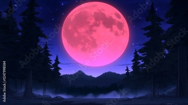 Fototapeta A vibrant pink moon dominates the night sky casting an ethereal glow over a dark forest scene with towering pines and distant mountains