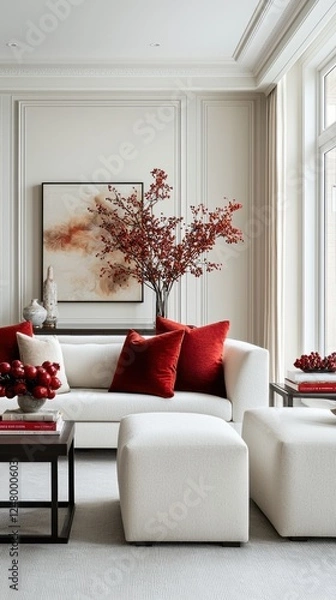 Fototapeta A stylish living room featuring a white sofa with red accents, decorative cushions, and a floral arrangement, creating a cozy and inviting atmosphere.