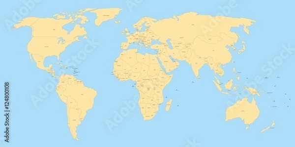 Fototapeta Yellow political world map with black labels of sovereign countries and larger dependent territories. Simplified map with blue sea and ocean. South Sudan included.