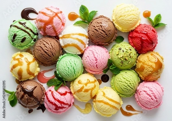 Fototapeta With their eye-catching colors and tempting toppings, these assorted ice cream scoops create a visually irresistible and deliciously diverse display