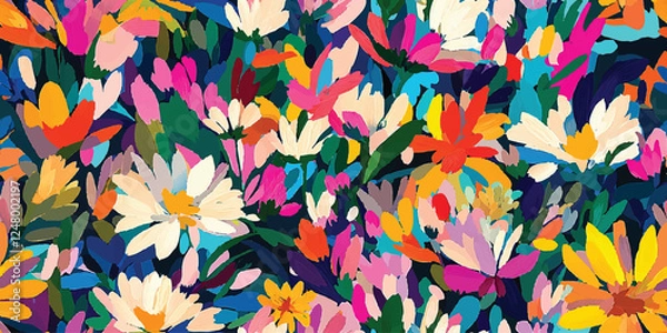 Fototapeta Floral abstract seamless vector pattern, spring garden, blooming meadow, bright colorful flowers, gouache painting, brush strokes vector seamless pattern, Design fabric, cover, banner, invitation