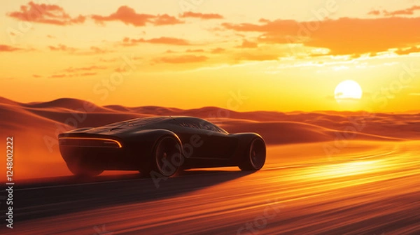 Fototapeta Desert Sunset Drive: A sleek black sports car cuts through the golden dunes of a desert landscape, leaving a trail of dust in its wake as the sun dips below the horizon.