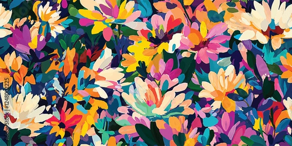 Obraz Floral abstract seamless vector pattern, spring garden, blooming meadow, bright colorful flowers, gouache painting, brush strokes vector seamless pattern, Design fabric, cover, banner, invitation