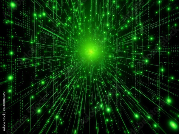 Fototapeta Green digital network streams data through cyberspace Technology background is ideal for modern projects