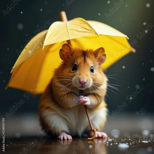Fototapeta Small hamster snuggled up with a paper umbrella, fur, umbrellas, rain