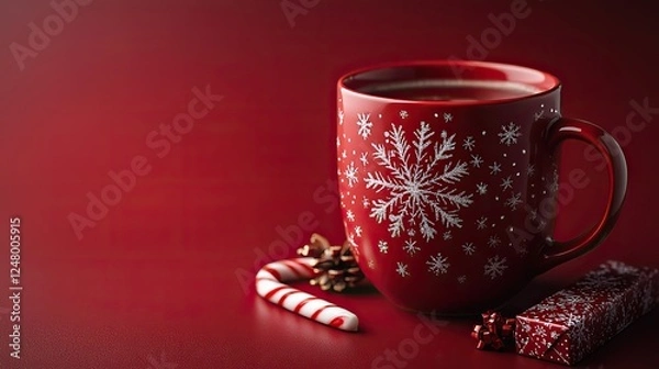 Fototapeta A red holiday mug with snowflake patterns, a candy cane, and a gift box evoke festive warmth against a matching red background, capturing the spirit of Christmas.