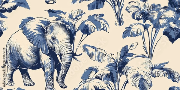 Obraz Seamless vector pattern, detailed illustration showing a tropical landscape and elephant in blue toile style, Design fabric, cover, banner, invitation