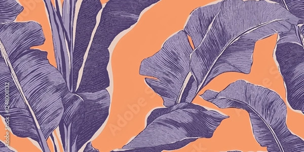 Obraz Botanical purple lilac banana leaf wallpaper on orange background, Luxury natural foliage vector pattern, design in minimalist linear contour simple style. Design fabric, cover, banner, invitation