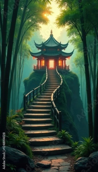 Fototapeta A winding staircase leads up to a mystical Chinese temple in the heart of lush bamboo forest at dusk, dusk, serenity