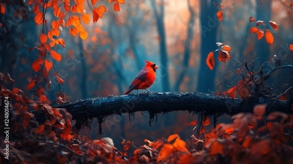 Obraz Vibrant red cardinal perched on a branch amidst autumn leaves in a mystical forest.