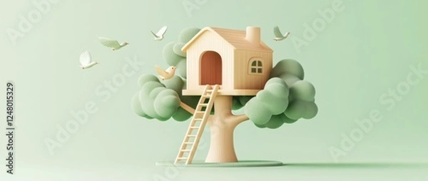 Fototapeta Small house in a tree with birds flying around.