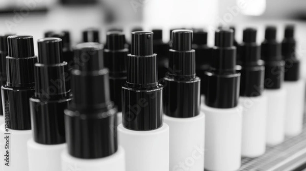 Fototapeta Spray bottles set for cosmetic and other products. Isolated black and white blank containers mockup with black dispenser head. Realistic vector template.