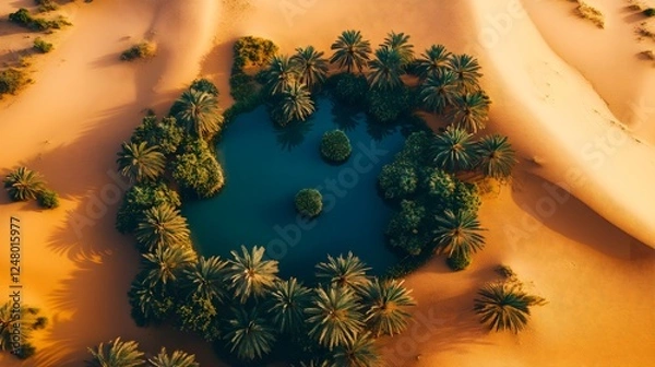 Fototapeta Aerial view of serene oasis, lush greenery surrounding a tranquil blue lake, vibrant desert landscape, perfect for relaxation.