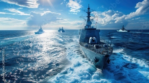 Fototapeta A large navy ship is in the middle of the ocean with other ships behind it