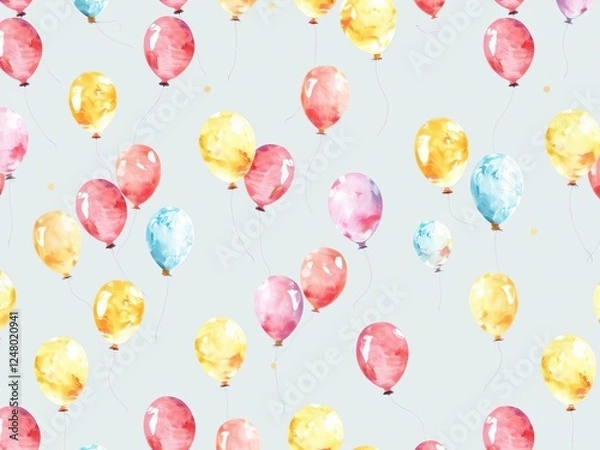 Fototapeta Whimsical watercolor seamless pattern with colorful balloons in various sizes and hues, hand-painted, seamless, artistic