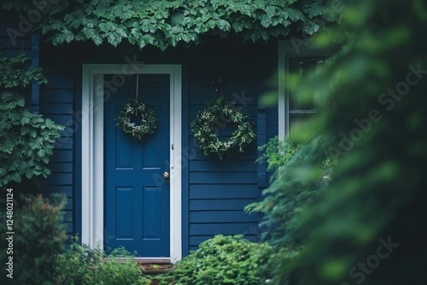 Obraz Blue house door with greenery and wreaths.