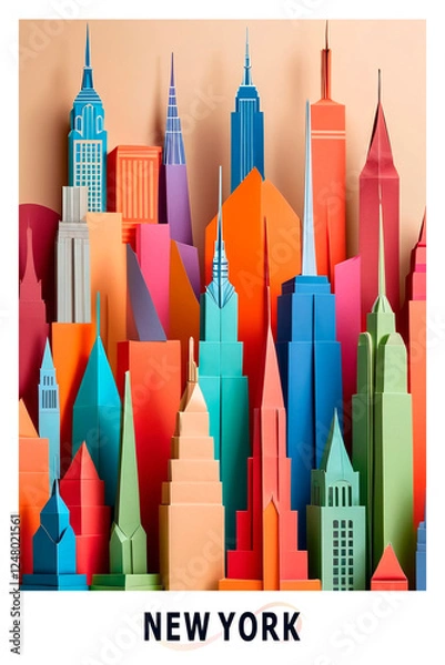Fototapeta New York, USA state city poster in origami style. Layered folded paper image with skyline, panorama, skyscrapers for flyer, postcard, print