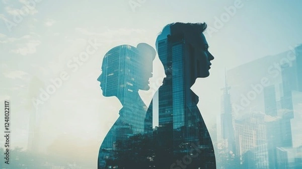 Fototapeta Double exposure of a man and woman's silhouettes overlaid on a cityscape.