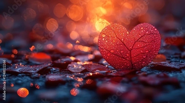 Fototapeta Heart-shaped leaf with droplets on a blurred background.