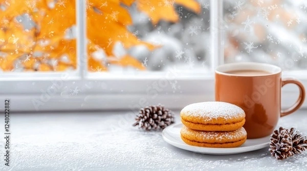 Fototapeta A scene of homemade pumpkin whoopie pies cooling by a window, with frosted leaves outside and a cup of hot cocoa next to them