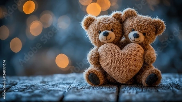 Fototapeta Two teddy bears holding a heart on a wooden surface.