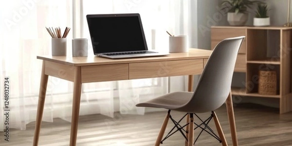 Fototapeta A laptop computer sits on top of a wooden desk, ready for use