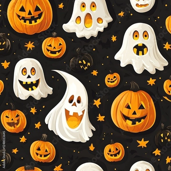 Fototapeta Halloween Pattern of Pumpkins and Ghosts on Dark Background
