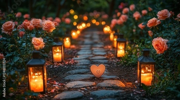 Fototapeta Romantic pathway lined with roses and lanterns.