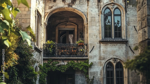 Fototapeta Antique building facade with arched windows, balcony with forged forged railing, chair and green plants. Medieval castle or vintage house exterior of grey stone wall, Cartoon vector illustration