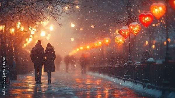 Fototapeta Romantic winter scene with couples and glowing hearts.