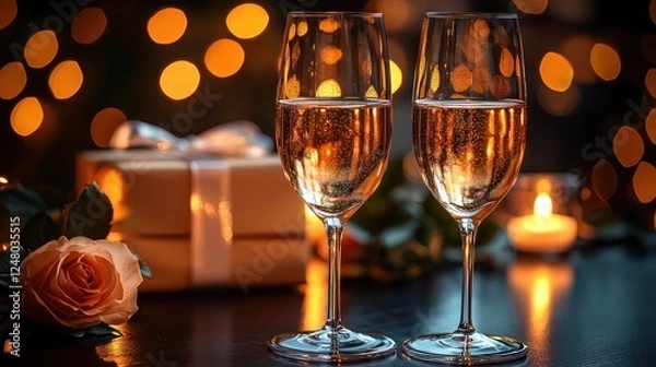 Fototapeta Romantic setting with champagne and gifts.