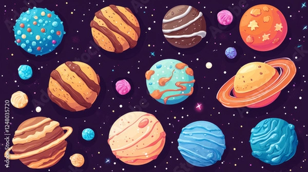 Fototapeta Cartoon set of candy planets isolated on background. Vector illustration of sweet chocolate, caramel, lollipop, cookie ball cakes decorated with glossy color icing. Fantasy candyland desing elements