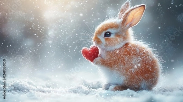 Fototapeta Cute rabbit holding a heart in snowy landscape.