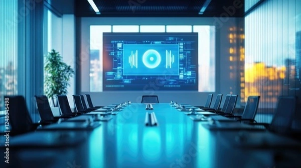 Fototapeta A modern conference room with a large screen and chairs