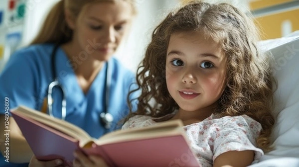 Fototapeta A young girl sits in a hospital bed, engrossed in a book
