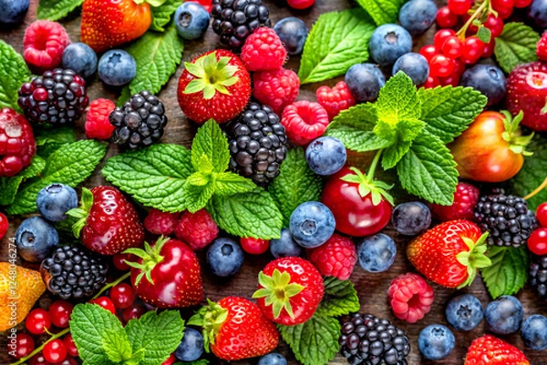 Fototapeta Brightly colored berries scattered among fresh mint sprigs. AI Generative