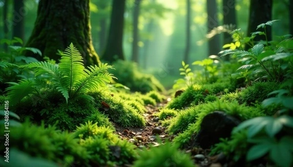 Fototapeta The forest floor is carpeted with soft moss and ferns in shades of green, jungle scenes, ferns, lush vegetation