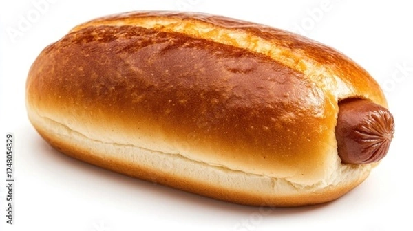 Fototapeta A hot dog served in a bun on a clean white surface